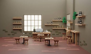 Kahve dükkanının iç mimarisi, 3D görüntüleme.