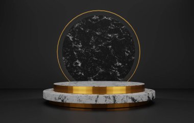 Siyah mermer arka plan 3D işlemeli silindir mermer podyum