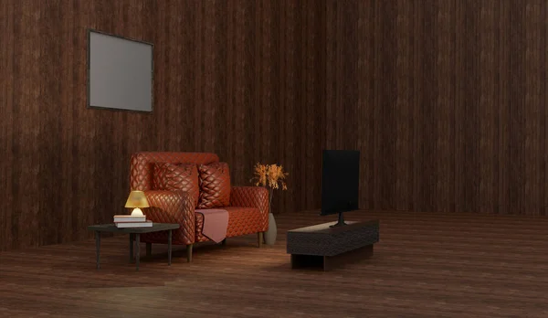 Klasický Dřevěný Interiér Koženou Sofa Vykreslování — Stock fotografie