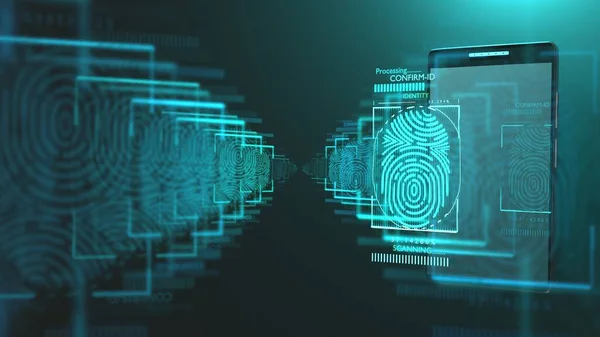 Fingerprint scan provides security access with futuristic smartphone.3d rendering