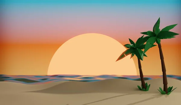 Sonniger Tropischer Strand Mit Palmen Rendering — Stockfoto