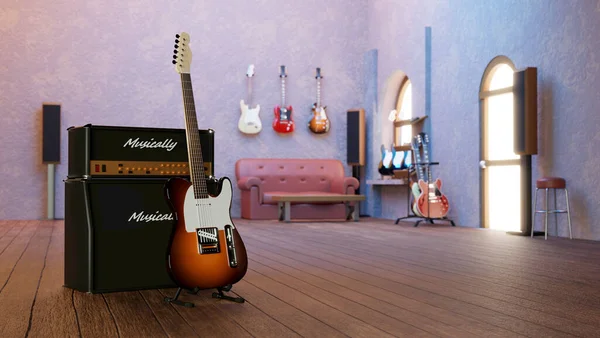 Vintage electric guitar in guitar shop.3D rendering