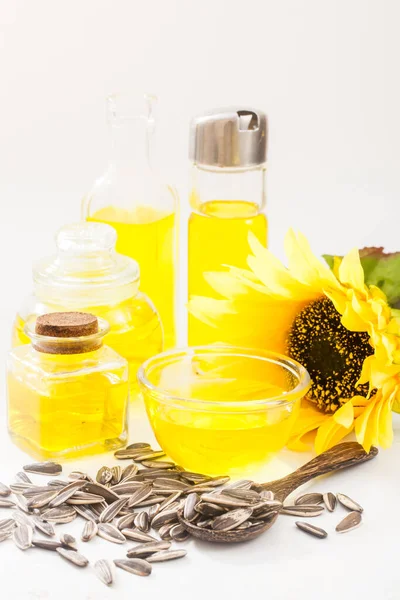 Sonnenblumenöl Flaschenglas Mit Samen — Stockfoto
