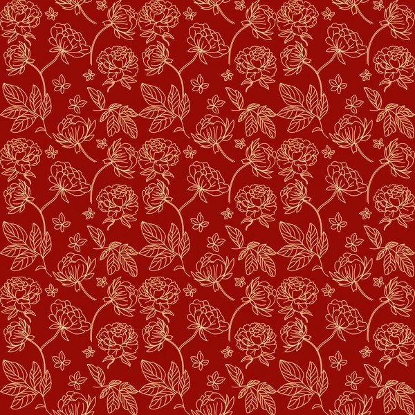 Altın şakayıklar ve zengin kırmızı arka planda yapraklar içeren lüks, pürüzsüz desenler, tekstil ve duvar kağıtları için ideal..