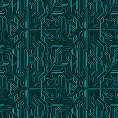 Mavi ve siyah renklerde kusursuz soyut devre deseni, teknoloji temalı tasarımlar ve fütüristik arka planlar için mükemmel..