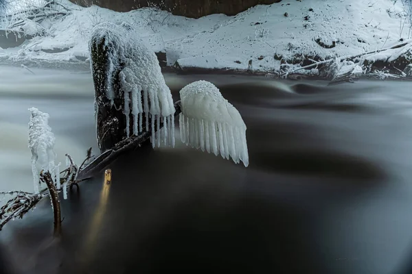 Fırtınalı bir şelalenin ortasında buz sarkıtı denizanası.