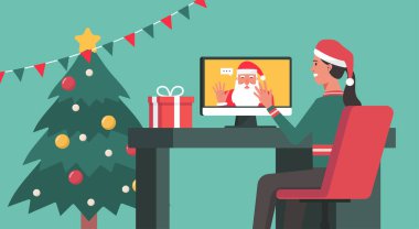 Noel günü Noel Baba 'ya internet ve video bağlantısı kuran bir adam ve ev dekorasyonu, düz bir illüstrasyon.
