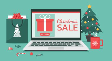 Noel alışverişi ya da kış tatili indirimi, dizüstü bilgisayarda hediye kutuları, alışveriş çantaları ve masanın üstünde Noel ağacı olan konsept, düz çizim.