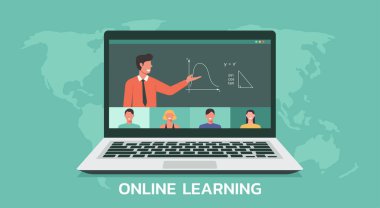 İnsanlar birbirine bağlanıyor, öğreniyor veya telekonferansla çevrimiçi olarak buluşuyor, laptopta video konferansı yapıyor, evden veya herhangi bir yerden öğreniyor, dünya çapında eğitim, sosyal mesafe konsepti, düz çizim