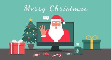 Noel Baba, bilgisayarda Noel hediyesi, şeker, kupa ve Noel ağacı ile süslenmiş, çizgi film karakteri düz çizimleriyle Noel Baba 'yı selamlıyor.