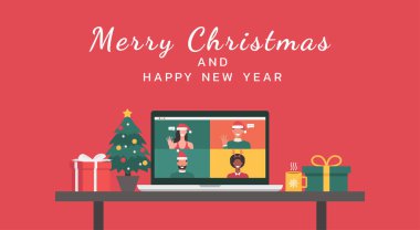 Mutlu Noeller ve mutlu yeni yıl afiş konsepti, insanlar online video üzerinden buluşuyor laptopta, çalışma yerinde ve masada, düz çizim