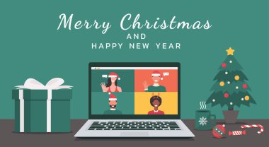 İnsanlar internetten bir video aracılığıyla bir dizüstü bilgisayarla Noel tatilinde mutlu yıllar mesajı, ofis masası işyeri, düz illüstrasyon ile sanal tartışma için bir araya geliyorlar.