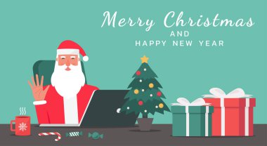 Noel Baba masadaki dizüstü bilgisayarla el sallıyor hediyeler, dekorasyonlar ve mutlu noeller ve mutlu yeni yıl metinleri, düz çizimler.
