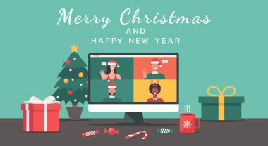 Noel tatili hakkında sanal bir tartışma yapmak ve Noel ağacı, hediye, şeker ve fincanla dekore etmek için bilgisayar üzerinden bir video konferansında bir araya gelen bir grup insan.