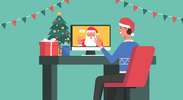 オンラインクリスマスのコンセプト 自宅でコンピュータ上のサンタクロースへの男のビデオ通話 フラットイラスト — ストックベクタ