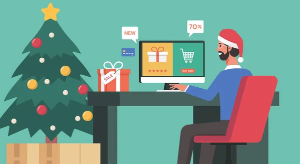 Man Shopping Online Computer Home Christmas Day Flat Illustration — Stock Vector