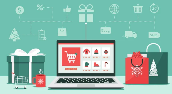 Conceito Compras Online Natal Tela Laptop Com Caixas Presente Sacos —  Vetores de Stock