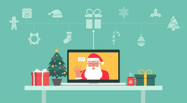 Salutation Main Père Noël Par Vidéo Appelant Sur Ordinateur Portable — Image vectorielle