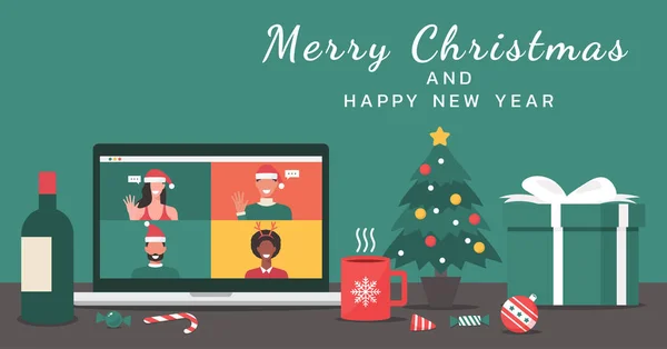 Καλά Χριστούγεννα Και Ευτυχισμένο Νέο Έτος Έννοια Banner Κείμενο Άνθρωποι — Διανυσματικό Αρχείο