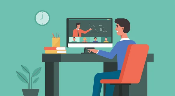 网上教育和远程学习概念 年轻人在家庭视频会议上使用计算机给男教师 平面插图 — 图库矢量图片