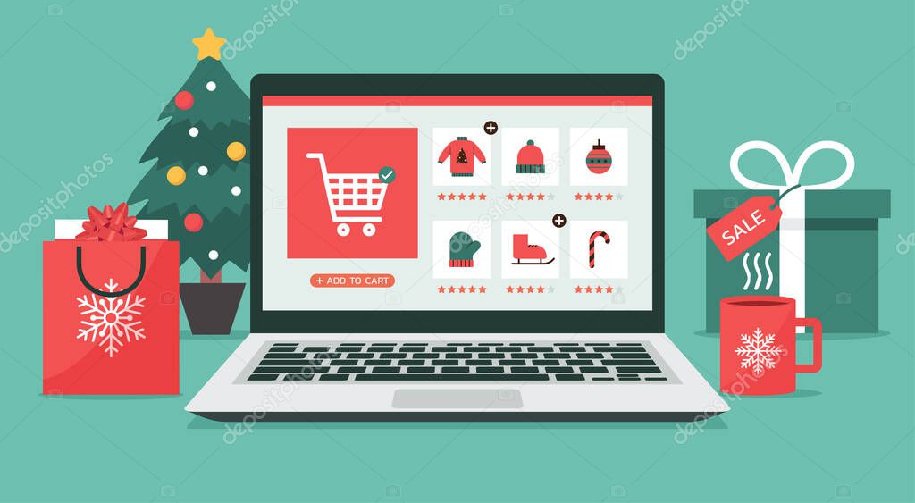 Christmas online shopping concept on laptop screen with gift boxes, shopping bags, and Christmas tree on desk, winter holidays sales, flat illustration