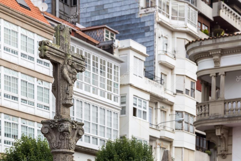 typical Galician stone cross in a square in Ferrol