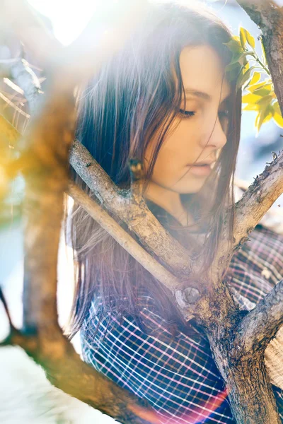 Portrait of beautiful girl in the tree crown sun in the city — Stock Photo, Image