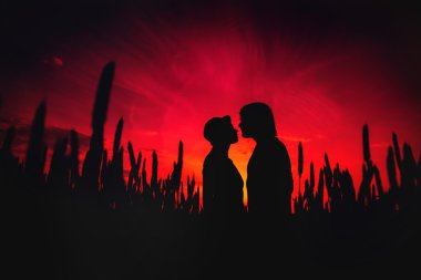 seven çocuklar ve kız güzel çift günbatımında alanında