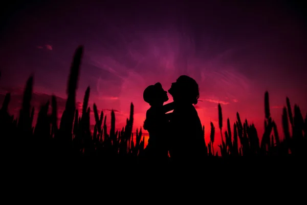 Loving beautiful couple of guys and girls at sunset in field outdoor — Stock Photo, Image