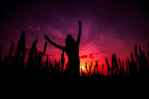 Portrait d'une belle fille sautante en chapeau au coucher du soleil dans le champ — Photo