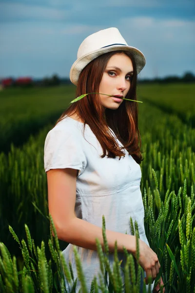 Junge schöne Frau in weiß in Feld im Sommer im Freien — Stockfoto