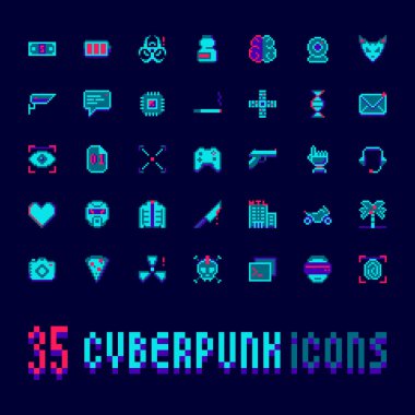 Siberpunk pikseli resim vektör simgeleri ayarlandı. 35 neon fütüristik element, yüksek teknoloji video oyunu sembolü