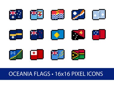 Okyanusya Bayrakları 16x16 Piksel Sanat Vektör Simgeleri. Yaradılış zamanında bayrak tasarımlarının genel kullanımında 10 + biçimlendirilmiş, sadeleştirilmiş, soyut piksel yorumları (2026).