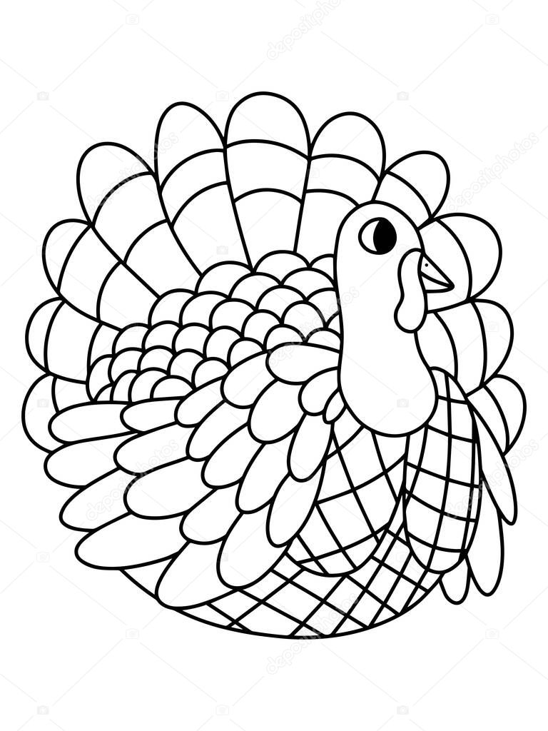 Happy turkey bird coloring page for kids and adults stock vector illustration. Happy Thanksgiving day traditional bird black outline white isolated. Fall season american holiday children pastime page.