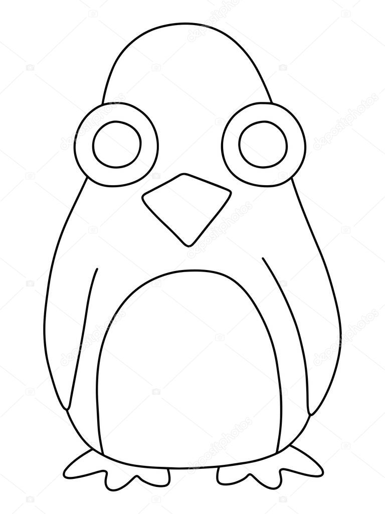 Little penguin simple coloring page for kids stock vector illustration. Vertical printable worksheet for kids pastime. Full lenth cute cartoon penguin black outline white isolated. One of a series.