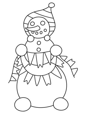 Gülen kardan adam ve bayrakların vektör renklendirme sayfası. Komik bir kış tatili karakteri. Beyaz üzerine izole edilmiş siyah çizgi. Mutlu Noeller ve mutlu yeni yıl ev eğlencesi basılabilir çalışma tablosu