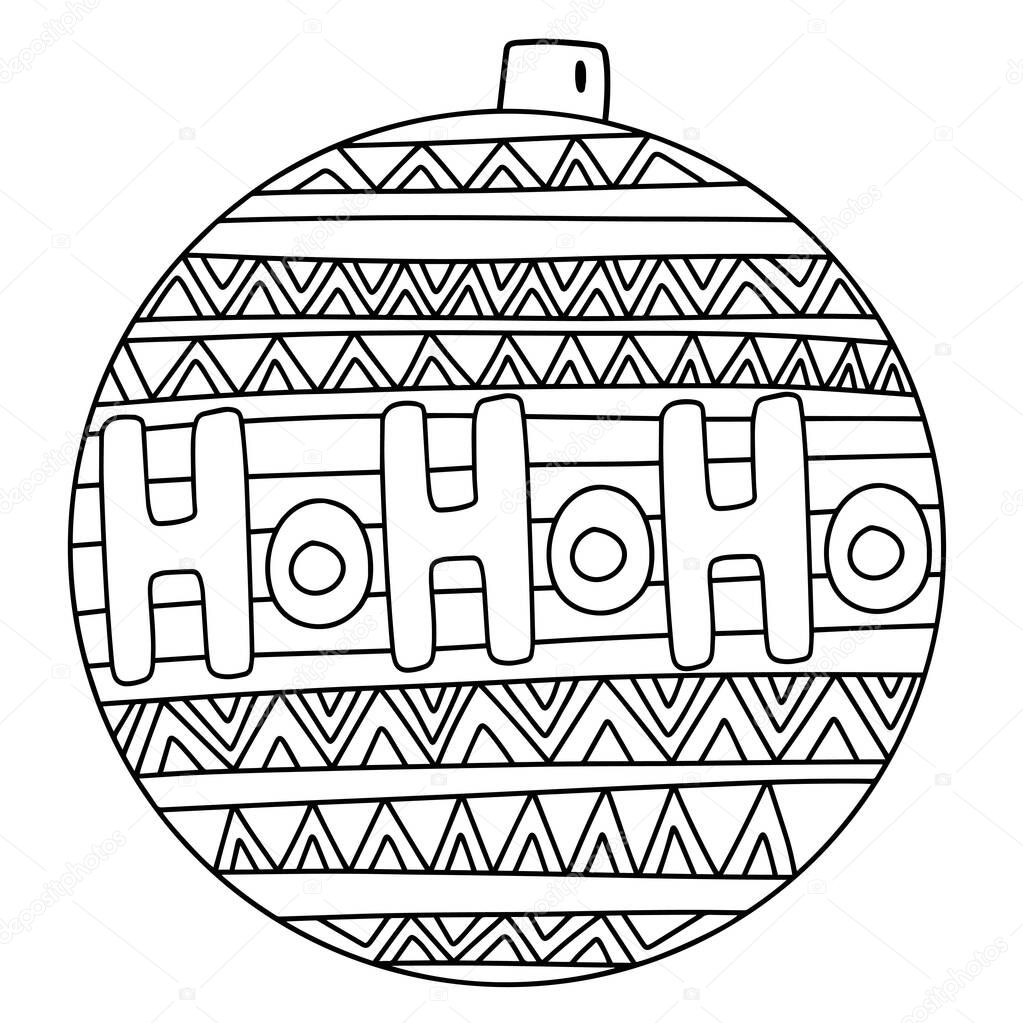 Funny Christmas tree decor ball coloring page stock vector illustration. Ornamental detailed ball for coloring and fun. Printable square worksheet for winter holidays home pastime. One of a series