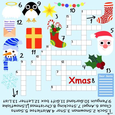 Büyük Noel bulmacası stok vektör çizimi. İngilizce 'de komik bir kış tatili bulmacası. Çocuklar için eğlenceli kelime oyunu renkli kare yazdırılabilir çalışma tablosu