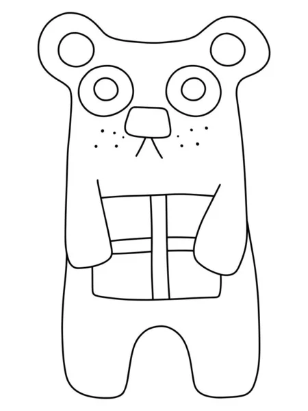 Funny Cartoon Bear Present Vector Coloring Page Kids Adults Black — Stock Vector