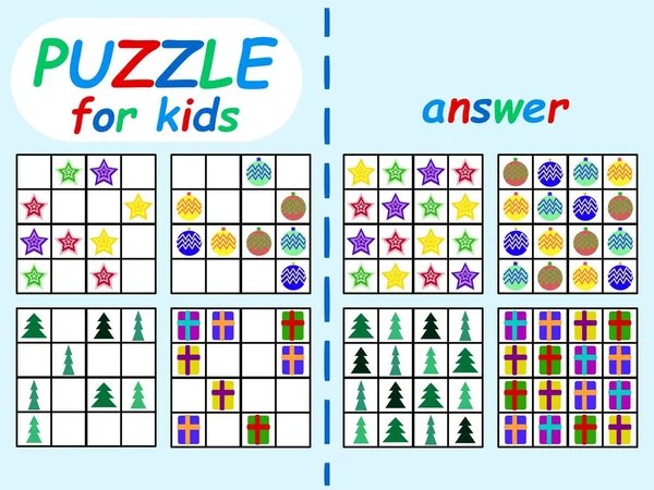 Sudoku Voor Kinderen Wintervakantie Set Voorraad Vector Illustratie Vier Grappige — Stockvector