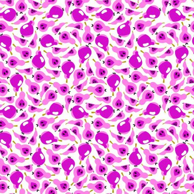 Kalın renkler pembe armutlar pürüzsüz desen vektörü. Yaz pop sanatı, bitmeyen meyve dokusu. Pembe ve dilimlenmiş armutlar beyaz arka planda izole edilmiş. Tekstil, ambalaj, ambalaj ve daha fazlası için meyve suyu deseni