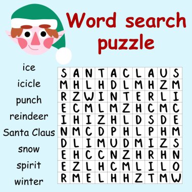 Elf stok vektör illüstrasyonlu kış temalı kelime bulmacası. Çocuklar için İngilizce eğitici görsel kelime oyunu. Komik Noel zamanı ve çocuklar için yeni yıl basılabilir çalışma tablosu. Bir seri.