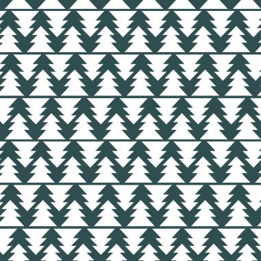 Geometrik çam ağaçları kusursuz desen vektörü. Beyaz karlı kozalaklı orman gelgit suyunda izole edilmiş, dikişsiz desen. Doğal iki renk çizgili kış manzarası ev yapımı tekstil için mükemmel.