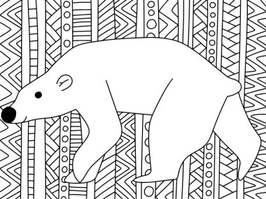 Süslü zen sanatının yatay boyama sayfası vektöründe kutup ayısı. Komik kutup karikatürleri, beyaz üzerine izole edilmiş siyah ayı ana hatları. Çocuklar ve yetişkinler için Zentangle kutup ayısı boyama sayfası. Serie 'den biri