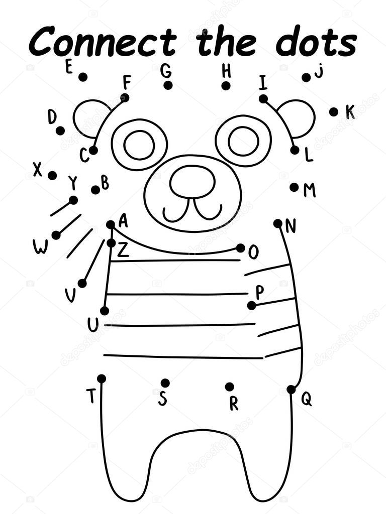 Childish dot-to-dot game with bear stock vector illustration. Connect the dots game with bear in sweater game for kids. Black and white vertical printable activity page. Puzzle to learn English abc