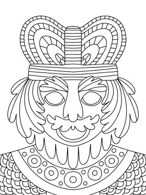 Çocuklar ve yetişkinler için komik gülümseyen kral boyama sayfası. Taç, bıyık, sakal ve zincir posta simetri boyama sayfası olan çizgi film kralı. Peri masalı kralı ya da beyaz üzerine izole edilmiş siyah prens ana hatları 