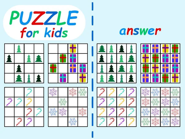 Quatre Puzzles Sudoku Pour Enfants Pour Illustration Vectorielle Stock Noël — Image vectorielle