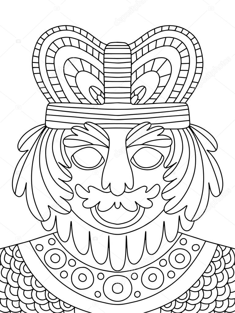 Funny smiling king coloring page for kids and adults vector. Cartoon king with crown, mustache, beard and chain mail symmetry coloring page. Fairy tale king or prince black outline isolated on white 