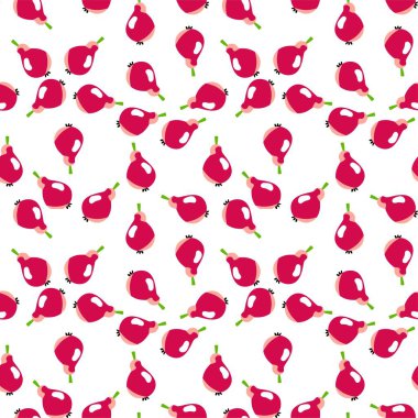 Pembe armutlar beyaz kaotik desensiz vektör üzerinde. Komik çizgi film meyve kompleksi deseni. Armutsuz armut deseni kumaş, kıyafet, tekstil, ambalaj, ambalaj kağıdı ve daha fazlası için mükemmel.