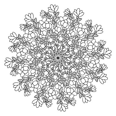 Düğmeli düğün çiçekleri ve mandala stok vektör çizimleri. Çiçeksel detaylandırılmış simetrik sayfa mandala ve çiçek açan bitkiler. Renklendirme sayfası için çiçek dikme sanatı